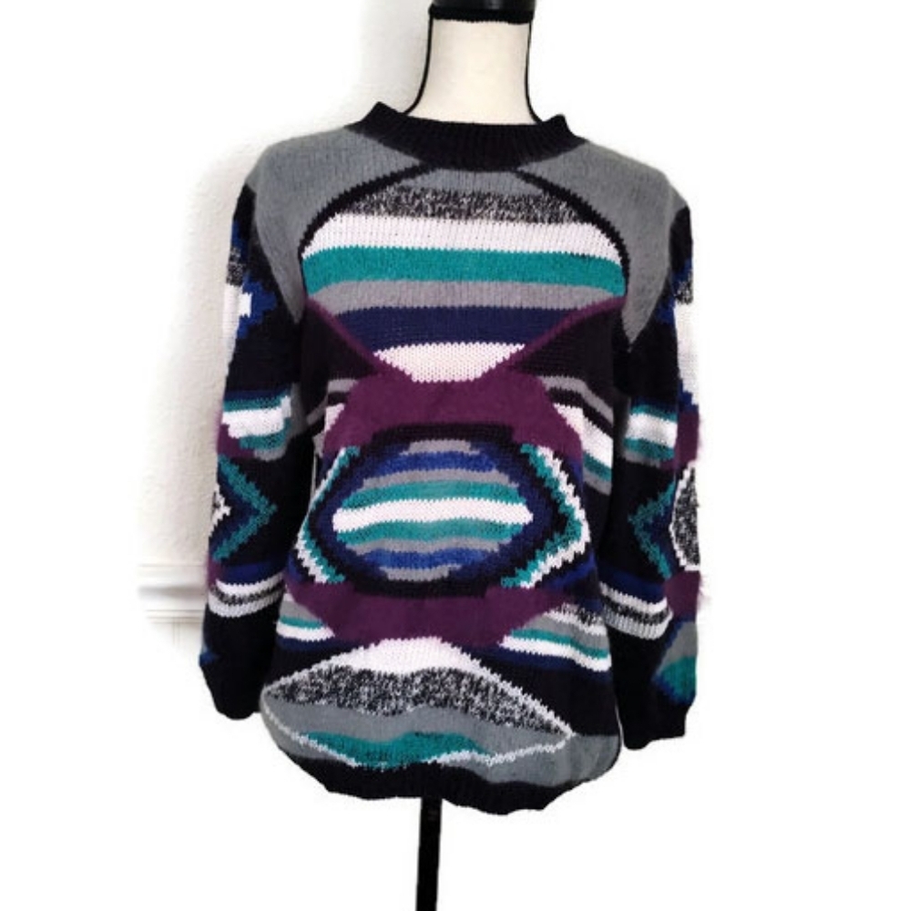 Vintage Olsen 80's 90's Geometric Color Block Sweater Size Medium/ Large